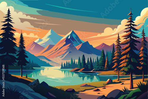 Sunset illuminates a serene mountain landscape with a still lake, pine trees, and snow-capped peaks under a vast sky, embodying the tranquil beauty of nature