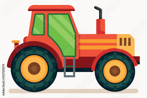 Bright red and green tractor parked on a farm during sunny weather