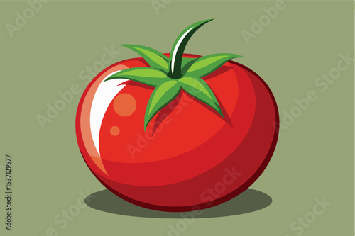 Bright red tomato with green leaves on light background