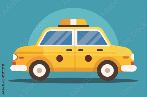 Classic yellow taxi cab parked on a bright blue background showcasing urban transport