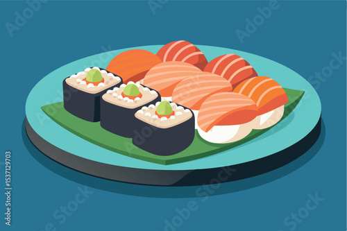 Colorful sushi platter displayed on a blue background in a modern setting with various sushi types