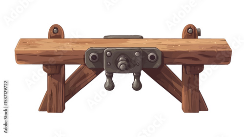 Digital illustration of a rustic wooden workbench featuring a metal vise in the center. The workbench is constructed from light brown wood with visible wood grain and texture. The vise is dark gray