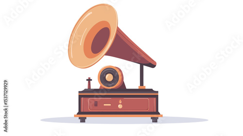 A digital illustration depicting a vintage gramophone.  The illustration is rendered in a flat, vector style with muted reddish-brown and beige tones. The gramophone is shown in profile view,