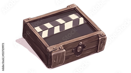 Digital illustration of a square wooden box with a clapperboard design on the lid. The box is dark brown with visible wood grain texture. Metal hinges and clasp details are present