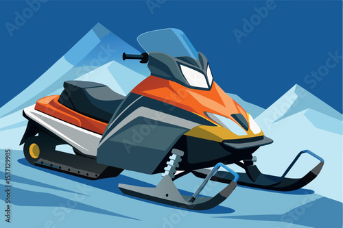Sleek orange snowmobile parked against snowy mountains