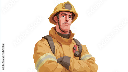 A digital painting or illustration of a male firefighter. The image features a close-up portrait of a man wearing a yellow firefighter's uniform, including a helmet, and standing with arms crossed.