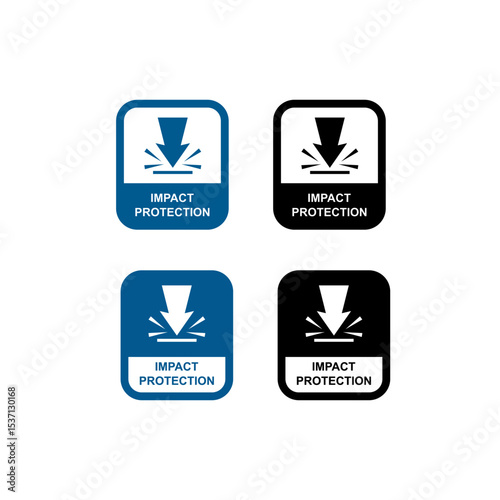 "Impact Protection" label with a downward arrow hitting a surface. Available in blue and black, ideal for product packaging and industrial safety warnings.