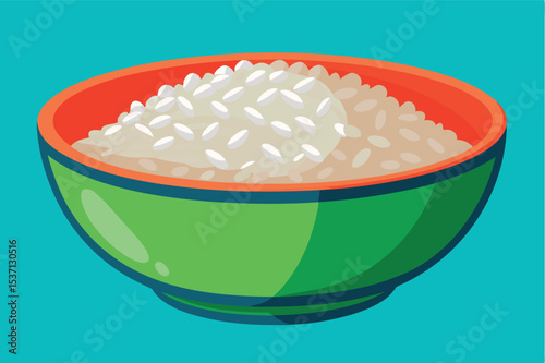 Fresh uncooked rice in a colorful bowl on a blue background ready for cooking