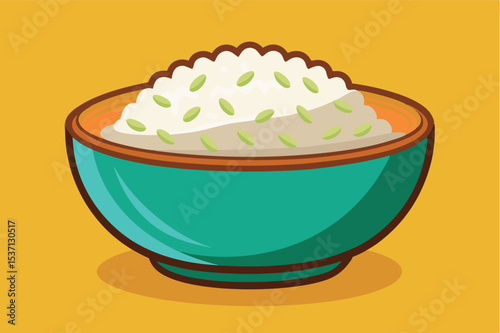 Bowl of cooked rice with green garnish on bright background