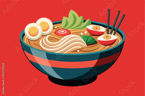Delicious bowl of ramen with eggs and vegetables served in a colorful ceramic dish