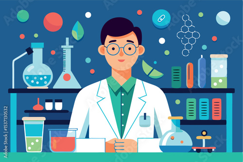 Scientist working in a colorful laboratory filled with equipment and experiments
