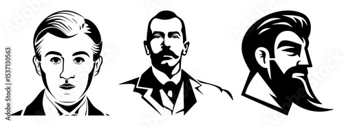 Vector Elegant monochrome portraits of three men with distinct facial hair styles.