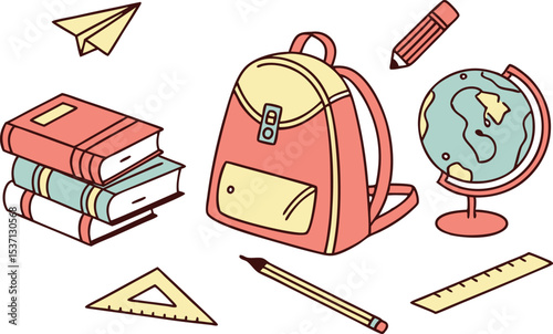 Back to School Kids Illustration Pack. Colorful School Supplies Vector Design. Clean and Fun School Time Elements. Smooth Educational Icons Set. Flat Back to School Scene Collection