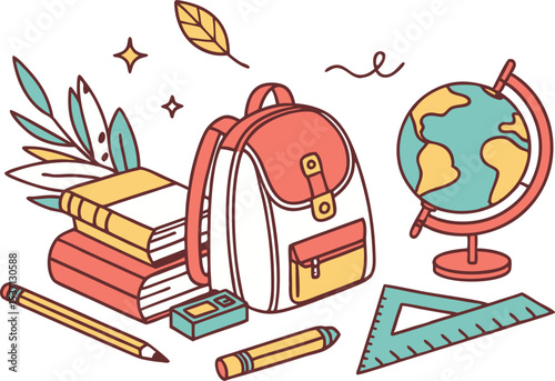 Back to School Kids Illustration Pack. Colorful School Supplies Vector Design. Clean and Fun School Time Elements. Smooth Educational Icons Set. Flat Back to School Scene Collection