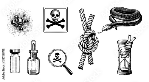 Vector Illustrative collection of danger symbols including poison skull rope and snake.