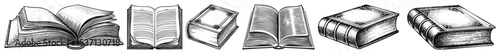 Vector Detailed illustrations of open and closed antique books showcase intricate page textures.