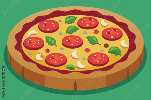 Delicious pepperoni pizza topped with fresh ingredients on a wooden board