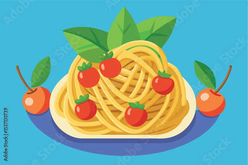 Delicious plate of spaghetti topped with fresh tomatoes and basil leaves served on a vibrant blue background