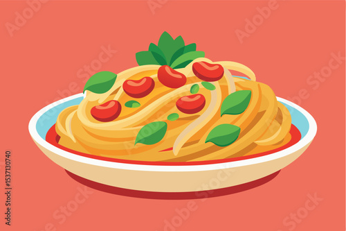 Spaghetti served with tomatoes and fresh basil on a colorful plate