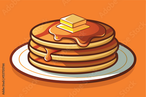 Stack of fluffy pancakes topped with melted butter and syrup for breakfast delight