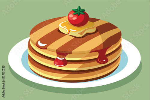 Delicious stack of pancakes served with syrup and butter at breakfast time