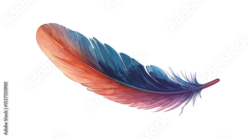 A close-up shot of a single bird feather isolated on a white background. The feather is predominantly orange and blue, with a gradient of color transitioning smoothly from one hue to the other.