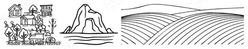 Vector Coastal village rock formation and rolling vector .