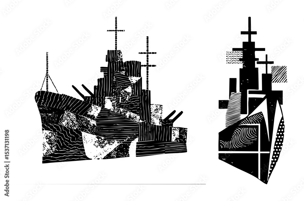 Fototapeta premium Vector Geometric ships with crosses showcases maritime and religious symbolism.