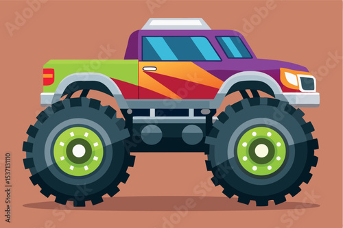 Colorful monster truck with oversized wheels on a plain background in a playful style