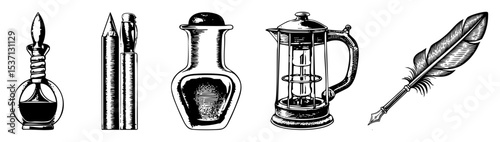 Vector Vintage writing tools collection featuring inkwells pens and a quill.