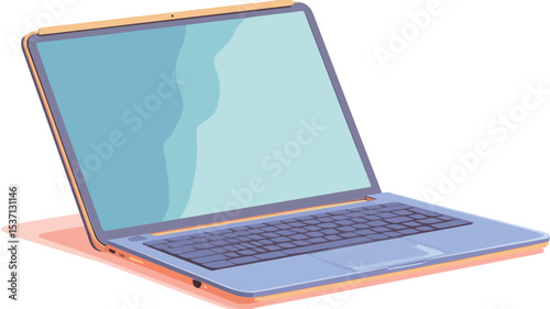 A digital illustration of a modern laptop computer with a light blue and beige color scheme. The laptop is shown at a three-quarter angle, displaying a light blue screen with an abstract wavy