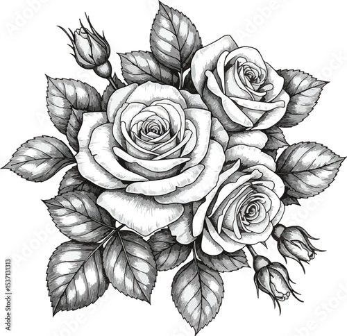 Monochrome Watercolor Style Roses Bouquet Three Blooming Roses with Buds and Leaves Detailed Botanical Illustration Gray Scale Floral