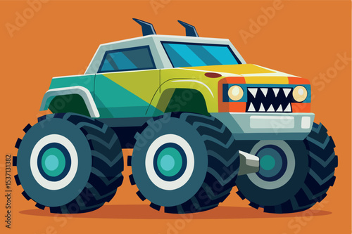 Colorful monster truck ready for an exciting race in a lively environment