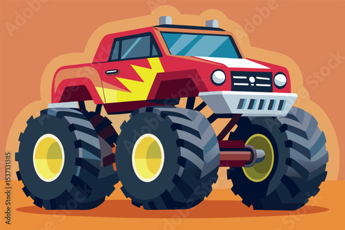 Colorful cartoon monster truck parked on a sandy terrain ready for a race