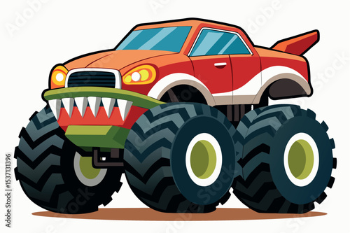 Colorful monster truck with exaggerated features at play