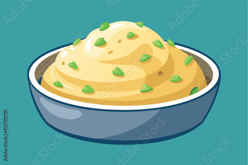 Creamy mashed potatoes with herbs in a bowl on a turquoise background