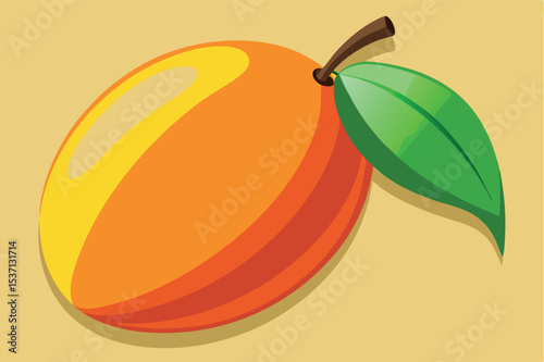 Bright orange mango with green leaf on simple background