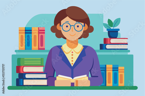 Librarian organizes books at a cozy library in a friendly atmosphere