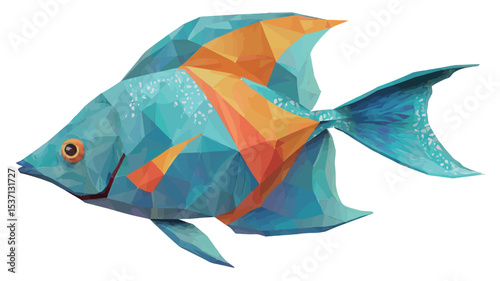 A digital illustration of a tropical fish rendered in a low-poly style.  The fish is predominantly blue and turquoise with orange accents. The image uses a geometric, faceted design to represent