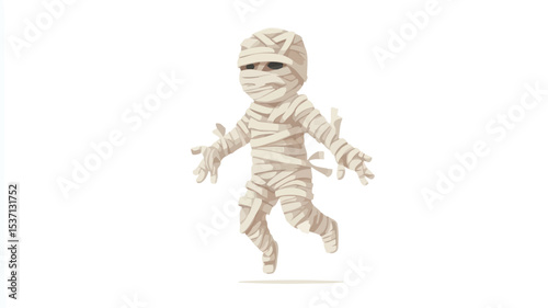 A digital illustration of a cartoon mummy character against a white background. The mummy is depicted in a playful, jumping pose.  The style is whimsical and cartoonish with visible texture and