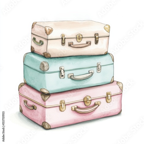 Three stacked pastel suitcases watercolor style