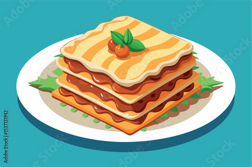 Delicious layered lasagna served on a white plate with garnishes
