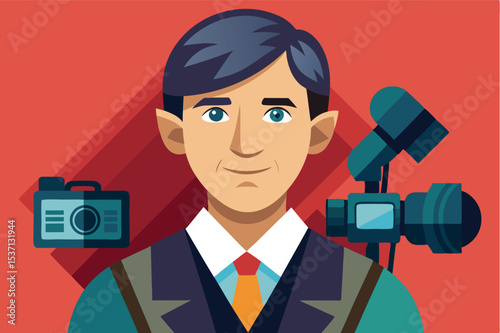 Professional male photographer with camera equipment on a vibrant red background showcasing his skills and passion for capturing moments