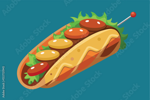 Colorful hot dog with toppings displayed on a teal background