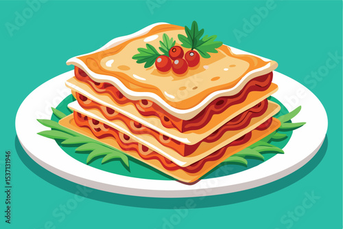 Delicious homemade lasagna stacked on a white plate with fresh garnish