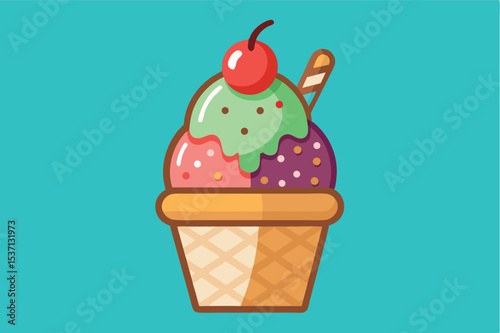 Colorful ice cream sundae served in a waffle cone with cherry on top