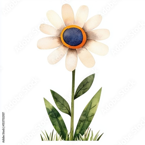 Watercolor Daisy Illustration with Off White Petals and Blue Orange Center