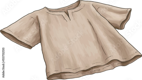 An illustration of a beige tunic with short sleeves and a slight V-neck. The tunic is depicted as folded and slightly crumpled, giving it a casual and relaxed appearance. The style is simple and