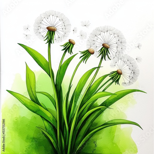 Watercolor Dandelions with Seeds Blowing in the Wind