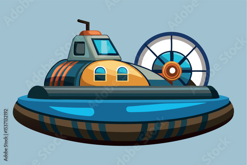 Colorful hovercraft design featuring blue and orange details with a large fan on the back, ideal for recreational use near water